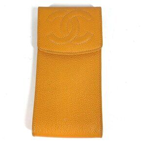 CHANEL vintage CC logo eyeglass case sunglasses case Pouch Caviar Leather yellow